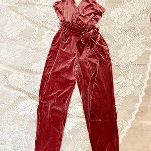 Express Burgundy Velvet Wrap Jumpsuit with Self-Tie Waist